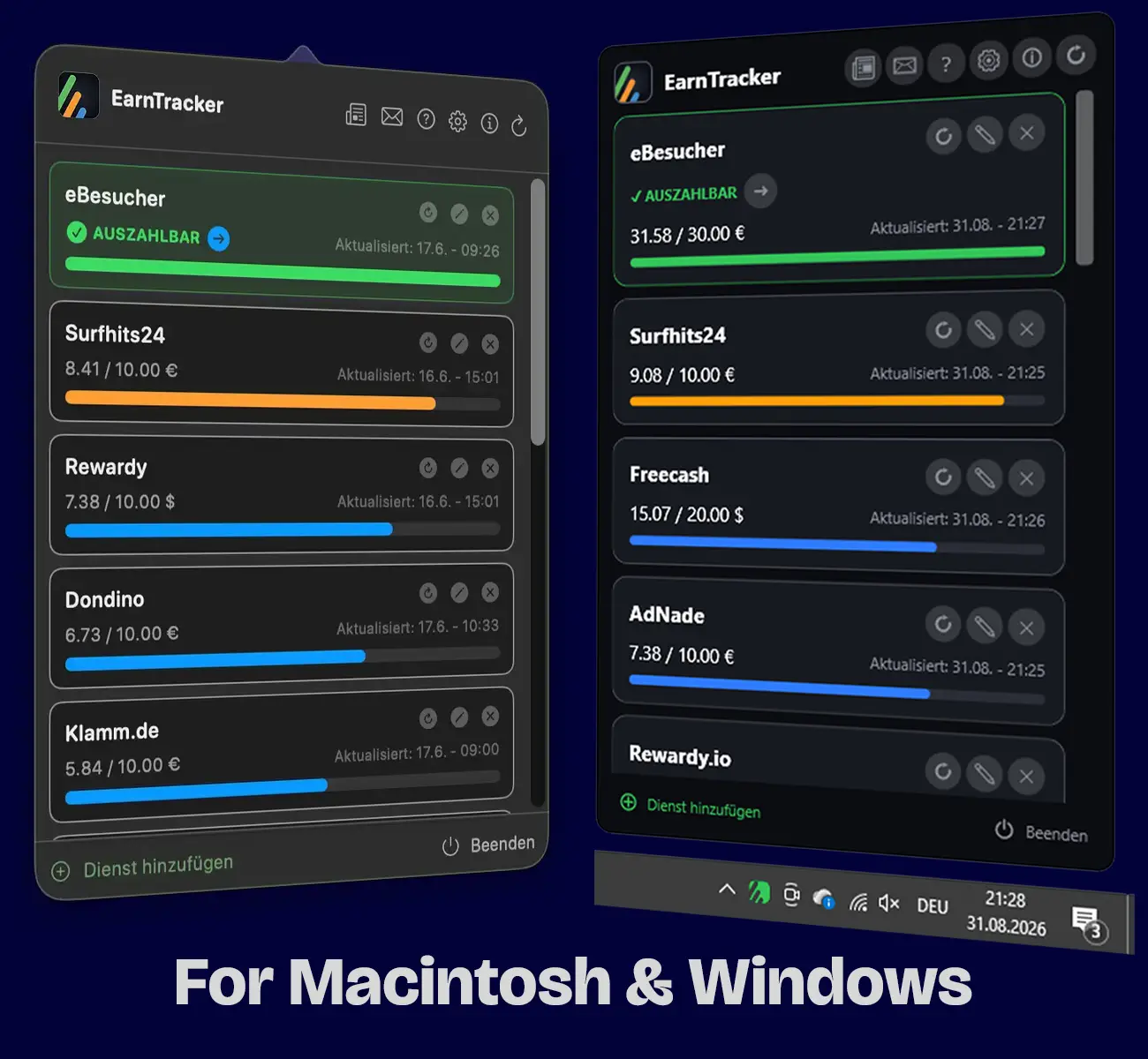 EarnTracker main window with all services